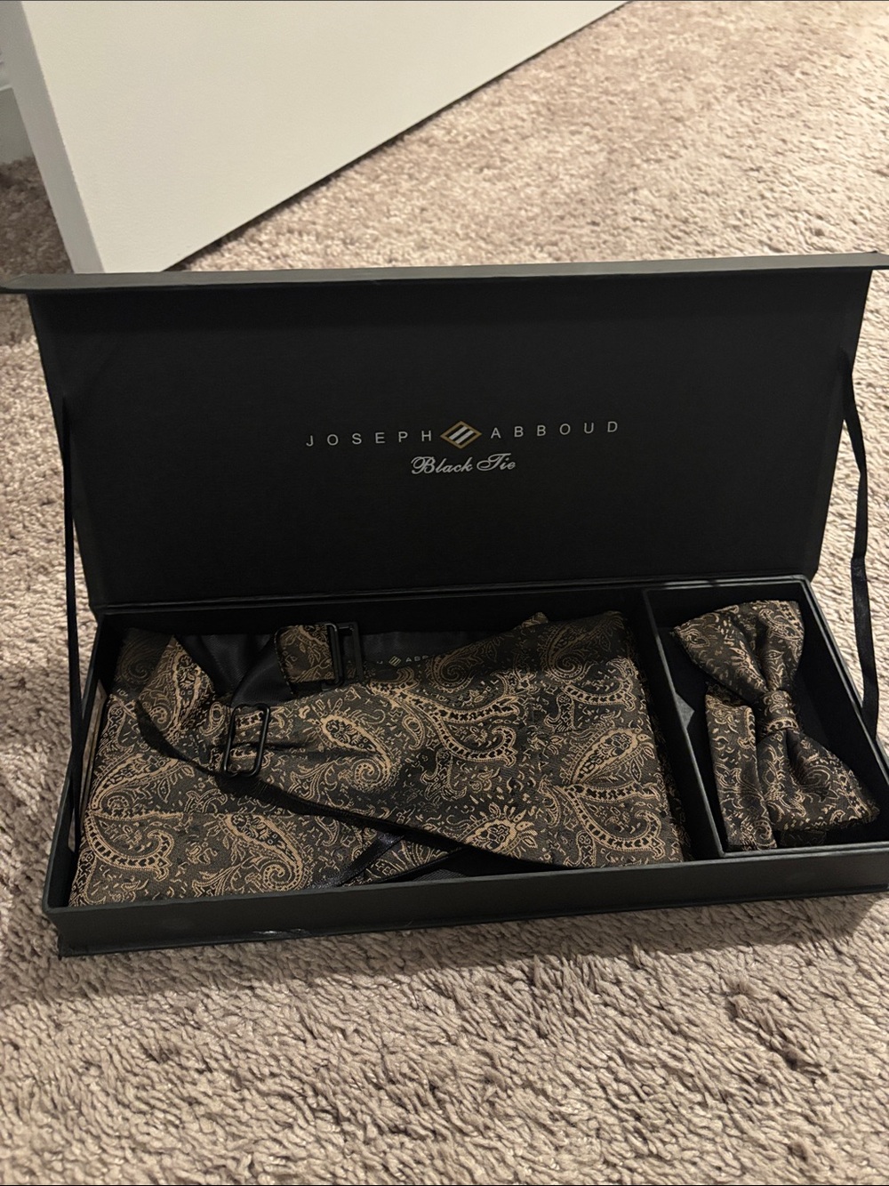 Joseph Abboud Black and Gold Paisley Cummerbund with Bow Tie Set